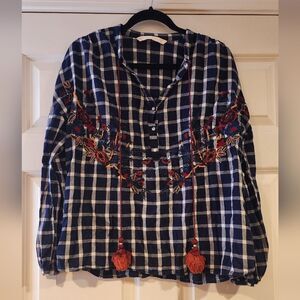 Zara blue and white checkered floral embroidered boho long sleeve top S